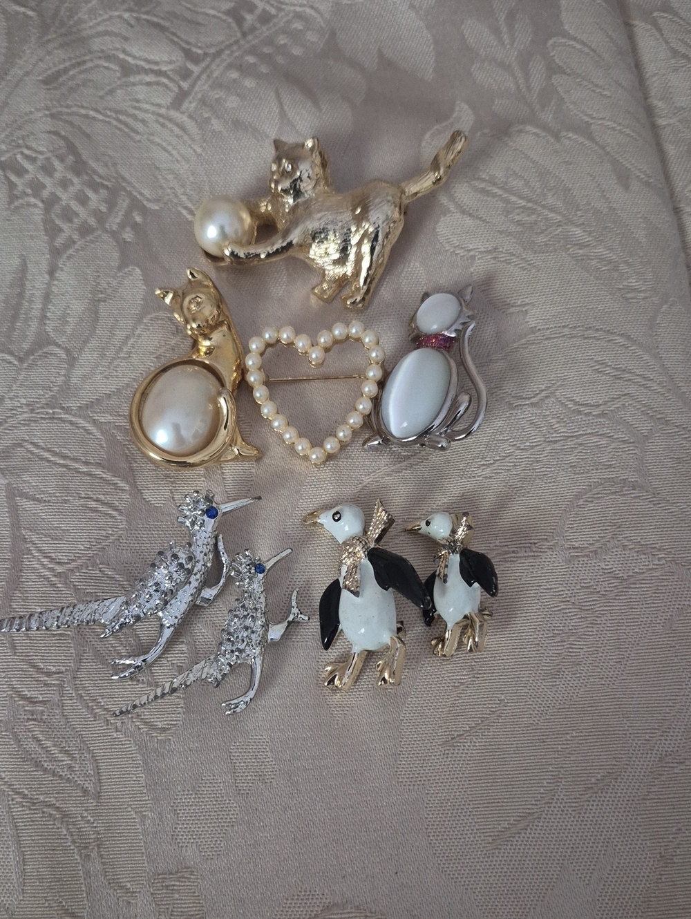 Gold and Silver Cat Pins, Penquin And Silver Toned Bird Pins.
